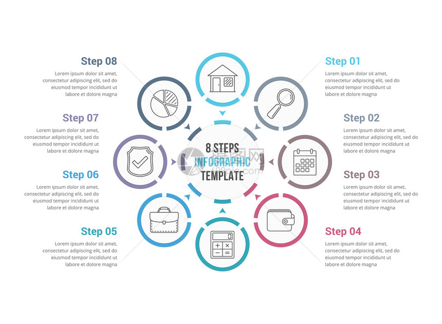 包含八个元素的圆形信息图模板进程步骤选项矢量eps10插图带有八元素的圆形信息图图片