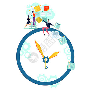 期限时间管理和团队精神业务概念矢量带用具的大型手表和负责做任务卡的工作人员时间管理业务概念矢量背景图片