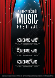 古典音乐节矢量音乐节海报模板配有红色窗帘聚光灯和乐队名称插画