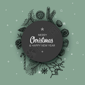 矢量老手画圣诞卡有各种季节形状姜面包寄生虫锥坚果和圆圈内容占位符图片