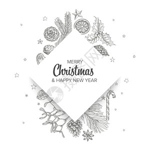矢量老手绘制具有各种季节形状的圣诞卡姜面包寄生虫锥坚果和钻石含量占位符背景图片