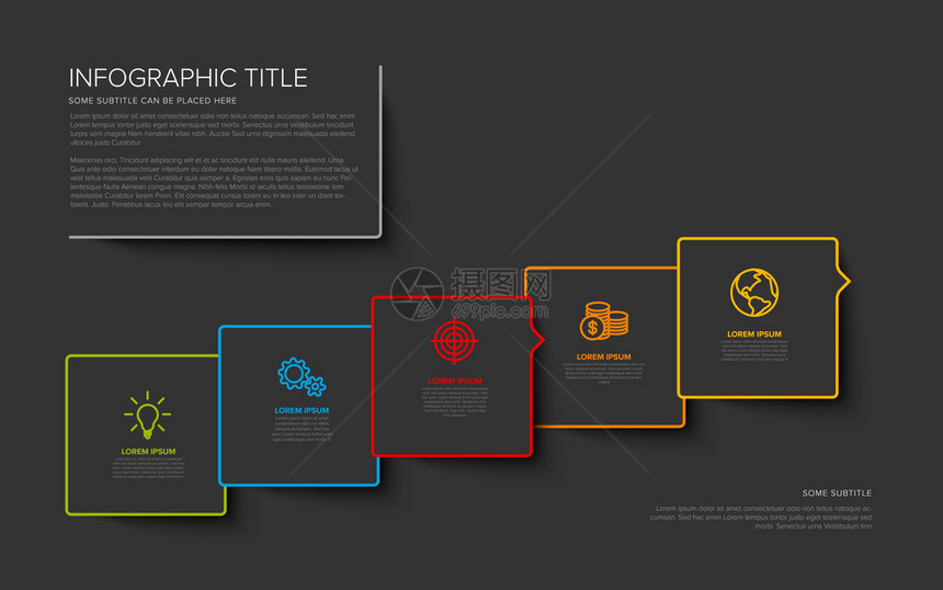 矢量多用途信息模板有五个平方选项在暗底背景上有现代颜色图片