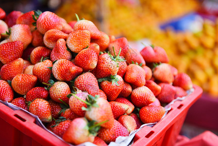 市场领域将成熟草莓放在篮子中市场销售水果收获的新鲜草莓背景背景
