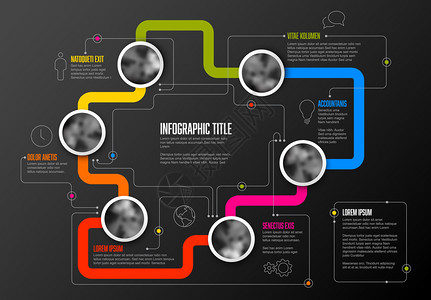 带有圆环光照片占位符彩色线条暗版的抽象信息模板图片