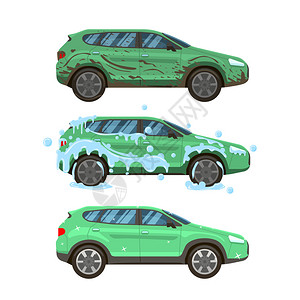 运动型多用途汽车洗车步骤图插画