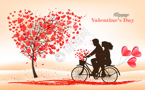爱夫妇假日情人节日背景树上有心形的叶子和双胞胎自行车矢量插画