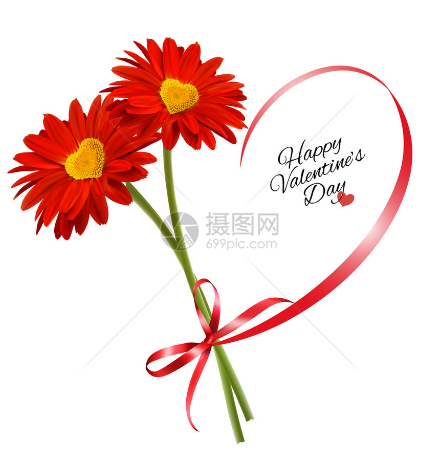 情人节sDay背景两朵红花带心形丝矢量图片