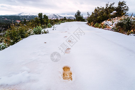 冬山路上雪靴子足迹的详情图片