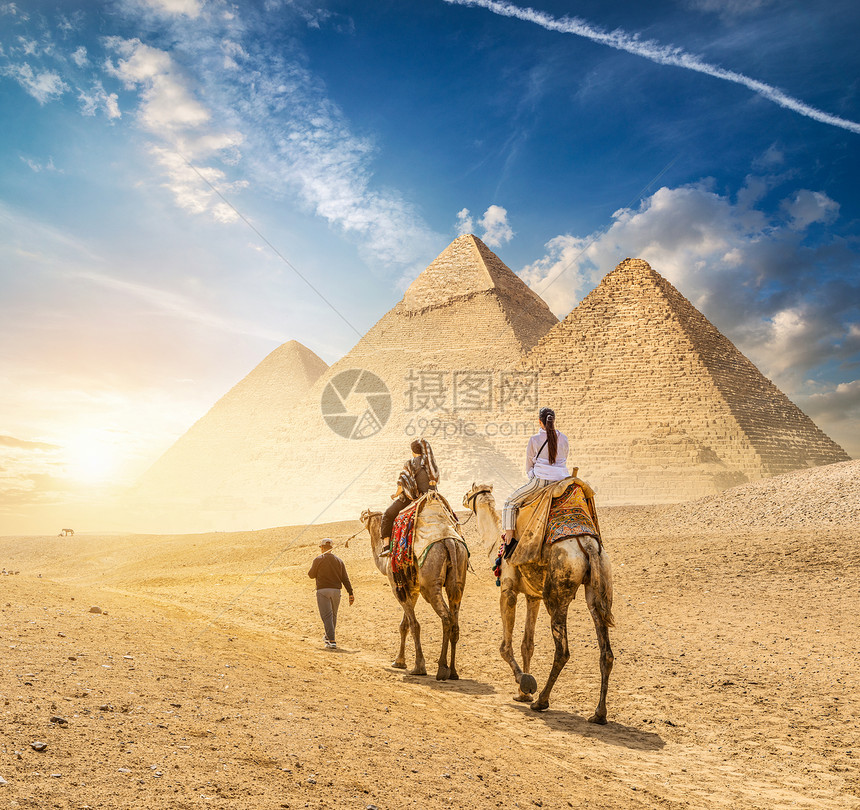 埃及的骆驼车队和吉萨的金字塔骆驼车队图片