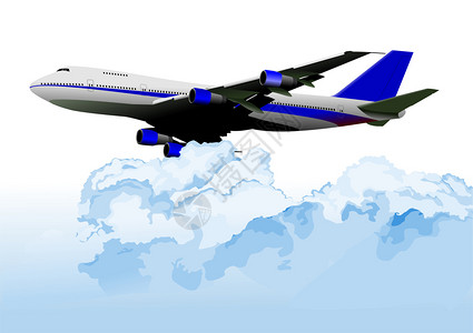 客机在云层和蓝天上空飞行图片