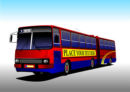 蓝红城市公共汽车在路上教练矢量插图图片