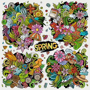 卡通叶色彩多的矢量手画涂鸦漫集由对象和元素的春季组合成所有项目都是分开的由对象和元素的春季组合成背景