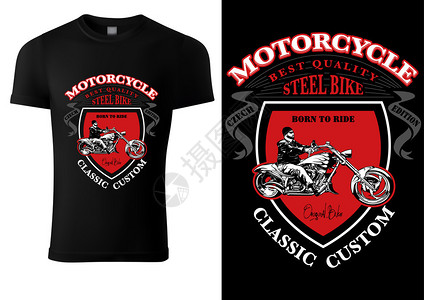 哈雷标志素材与摩托车手一起设计黑色T恤衫插画