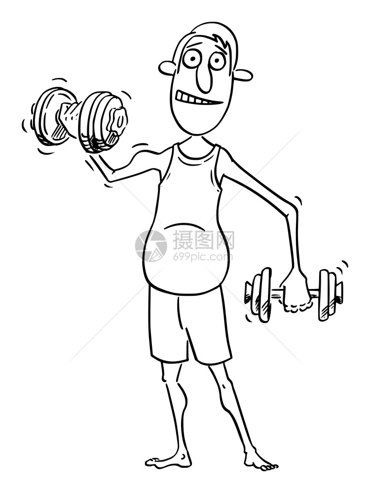 以两种哑铃在家锻炼的平均中年男子在家锻炼的漫画健康生活方式概念图片