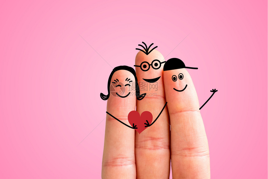 画手指幸福家庭概念粉红色背景图片