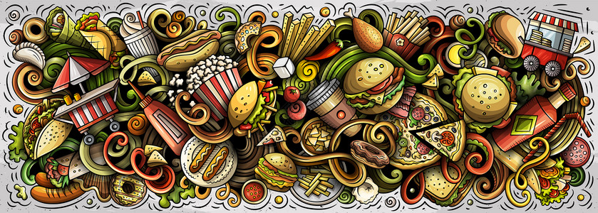 邀请卡通fastfoodhand绘制了卡通doodles插图快速食品有趣的物件和元素海报设计创意艺术背景多彩矢量横幅Fastfood背景
