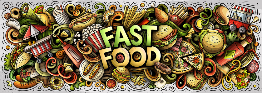 香肠卡通fastfoodhand绘制了卡通doodles插图快速食品有趣的物件和元素海报设计创意艺术背景多彩矢量横幅Fastfood背景