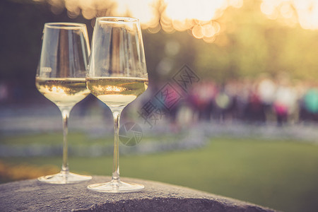 在正规花园的石墙上喝着白葡萄酒在晚上的阳光下在自己的花园里享受背景