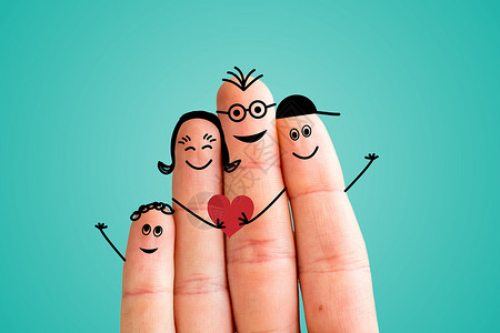 手指卡通绘画幸福家庭概念蓝背景背景