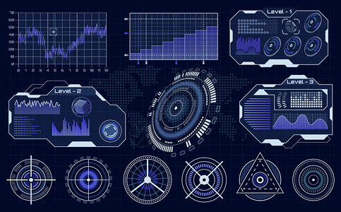 蓝色科幻小说未来休眠界面技术全息图装载诊断显示数字信息化维元素矢量背景插画