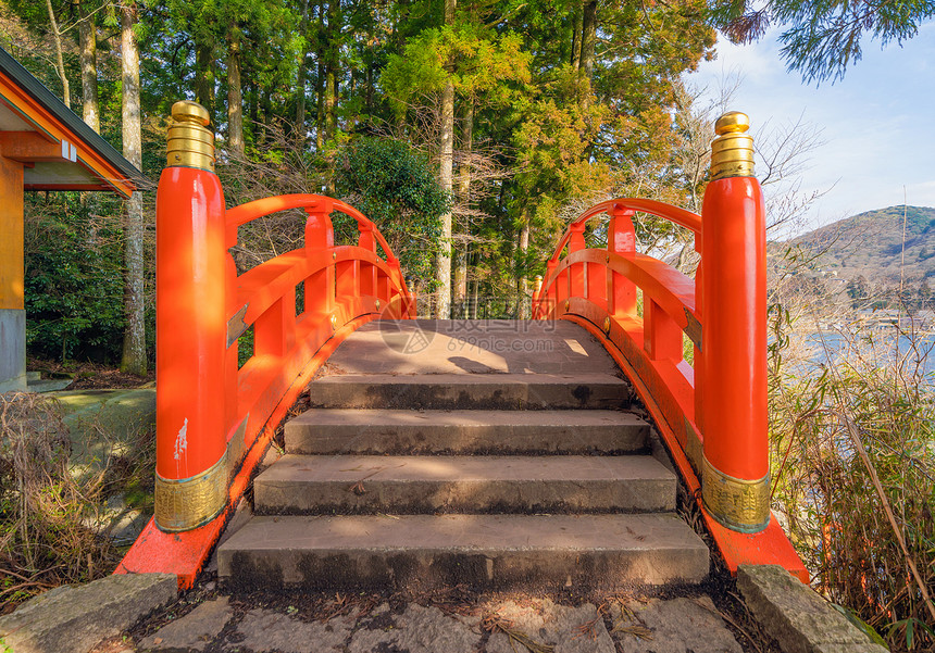 日本静冈市藤山HonguSengenTaisha寺的红桥旅游景点建筑观背图片