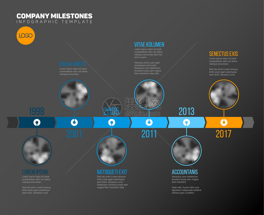 定时线模板在蓝色时间线上带圆形照片占位符暗版图片