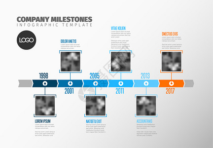 公司照片定时线模板在蓝色时间线上有方形照片占位符插画