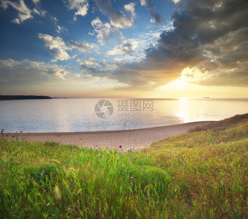 日落海景构成天空海洋和绿草图片