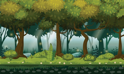 卡通森林树灌木大自然环境矢量插画背景图片