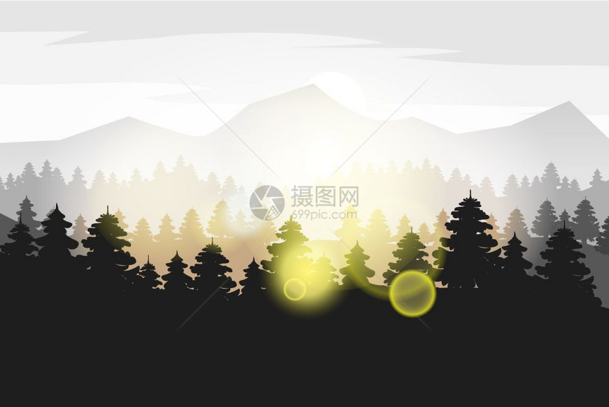 松林和山矢量背景全塔伊加光影图全景观示矢量孤立图片