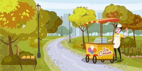 卡通风格城市公园卖冰淇淋的人矢量插画插画