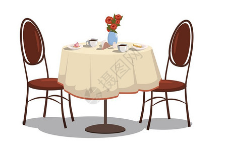 桌子椅子和咖啡卡通矢量带桌布花和两张椅子的现代餐桌矢量插图插画