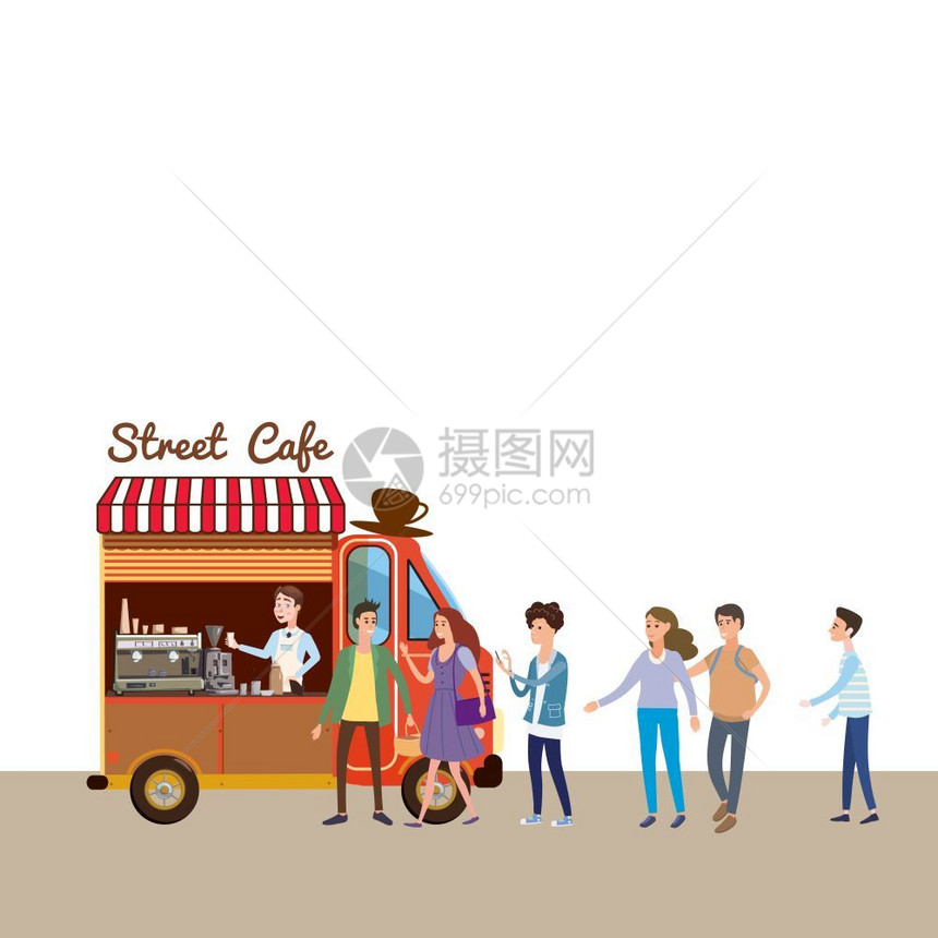 卡通流动食品面包咖啡卡车矢量插画图片
