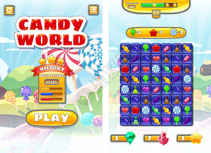 矢量糖果GameUICandyWorldMatch3游戏图标按钮和元素界面游戏设计资源栏游戏图标按钮和元素界面游戏设计资源栏和游戏卡通风背景