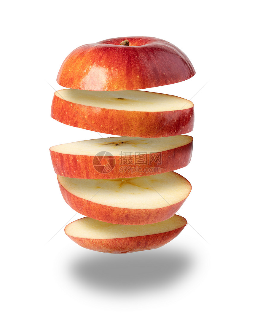 飞苹果切掉的红在白色背景上被孤立白色背景上被切掉的红苹果白色背景上的飞苹果图片