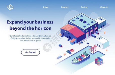 国际进口博览会国际运输公司IsomaticVectorWebBanner仓库大楼附近的运货卡车说明港集装箱船舶插画