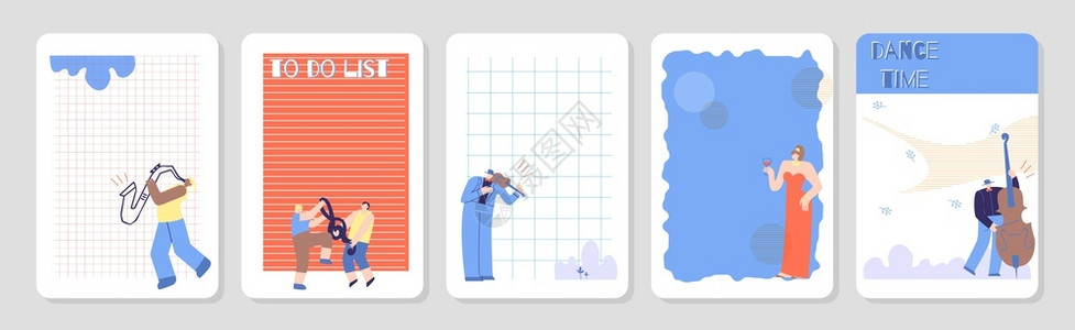 舞蹈时间音乐家写字母风格的笔记本页面模板用于完成列表封面集规划者组织排程设计装饰男经典乐器女清洁工平坦矢量说明一套可爱女人笔记本图片