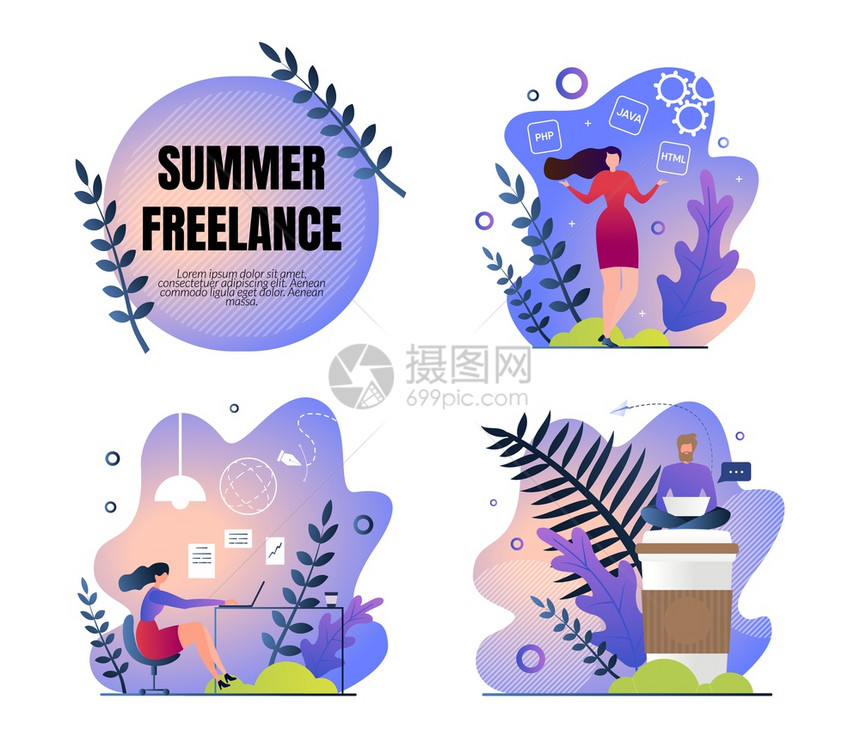 设定工作海报是夜间女在计算机上工作的夏季自由套件女需要良好的休息和情感宽慰矢量说明图片