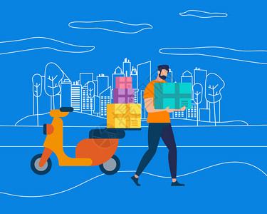 男人在搬运货物Postman的字符与Parcel一起的Courier在蓝色背景的城市视野地貌上与摩托车Scooter的送货员快速交通创意的卡通插画