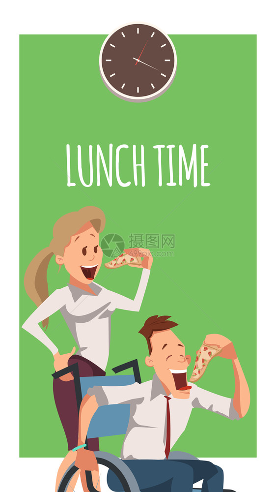 年轻女和残疾男在工作时吃披萨轮椅免费午餐工作时吃披萨年轻女和残疾男在工作时吃披萨图片