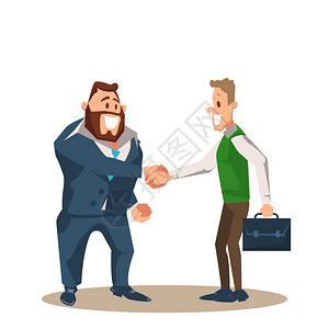 两个微笑的生意人角色握手伙伴关系开始办公室工人与Breifcase签订协议同事伙伴握手对话卡通FlatVictorI说明插画