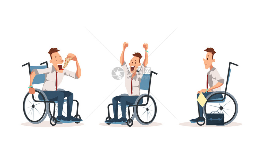 残疾人轮椅残疾人CowokerComworkerExpress情感套件快乐的工人拉正式身穿坐边吃披萨的商人带复苏短片的神经残障能图片