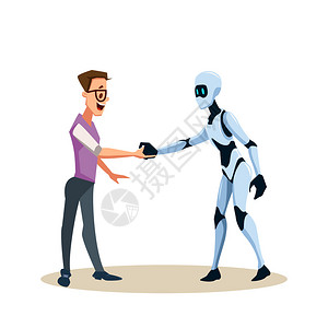 和机器人握手和智能机器人我收到男青年卡通矢量插画插画