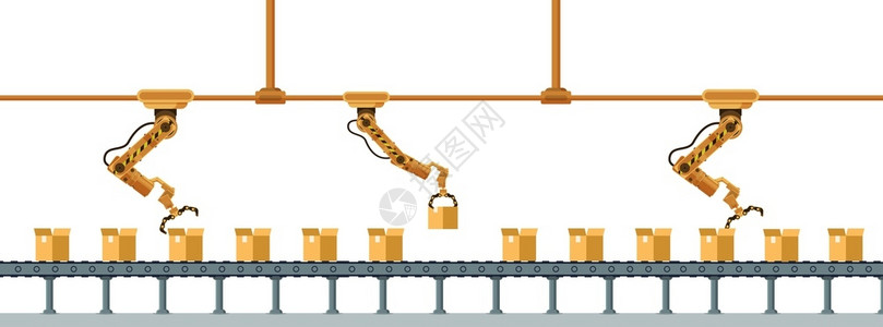 仓储设备黄机器人ClawLong包装箱封存器机械式装甲起重制造技术仓库服务工业机器人仓储务弗拉特卡通矢量说明黄色机器人纸条长包装箱封存器插画