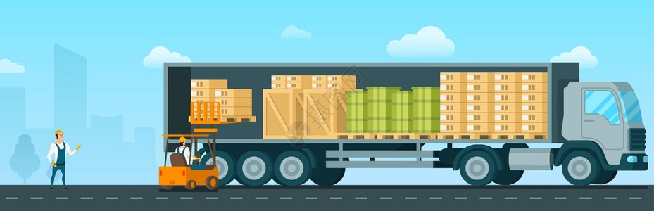 负载卡车拖车装货箱行驶图插画