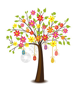 卡通矢量复活节装饰花朵的树图片