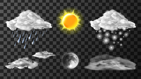 多云天气图标气象仪图标为切合实际的矢量集示天气预报太阳月亮雾云彩雪和雨的实际情况元素在透明的背景下隔开气象仪图标集符合实际情况背景