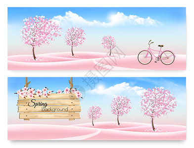 带有粉红色沙库拉和风景的春季自然横幅矢量图片