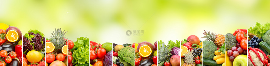 天然模糊绿色背景的全水果和蔬菜图片