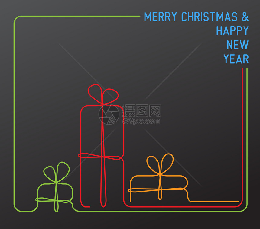 矢量圣诞节卡圣诞节礼物品盒简单的黑暗连续线绘图图片